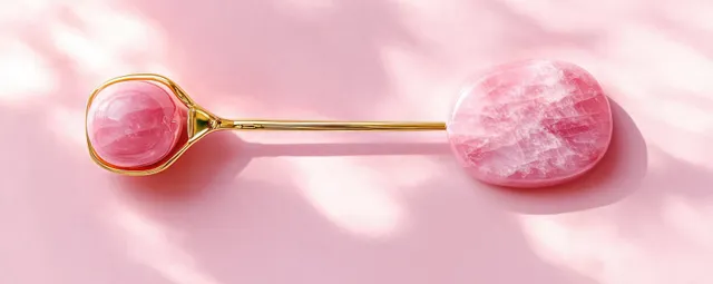 Pink quartz gua sha and jade roller arranged on soft pink marble for facial massage.