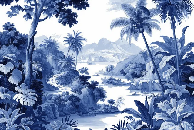 Blue and white tropical toile de jouy seamless landscape with palms and birds