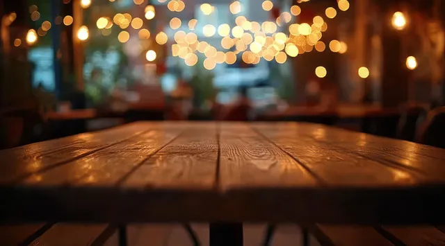 Empty rustic wooden restaurant table with warm glowing string lights bokeh