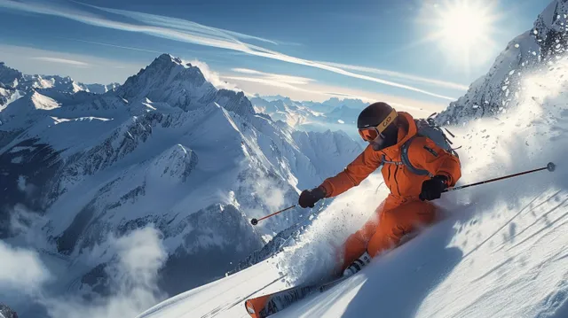 Orange-clad skier jumps on a snowy alpine slope with powder spray and bright sun over mountain peaks.