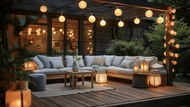 Cozy summer night garden terrace with string lantern lights and outdoor sofas