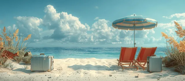 3D beach scene with striped umbrella, lounge chairs, and suitcases on sandy shore