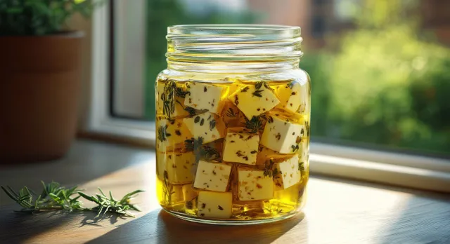 Jar of marinated white cheese cubes in golden oil with herbs sits on a wooden table beside a sunlit window and green plant.