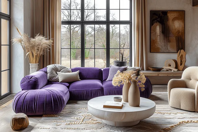 Beige velvet armchair and pouf positioned beside a vibrant violet sofa with a round coffee table in a sunny living room.