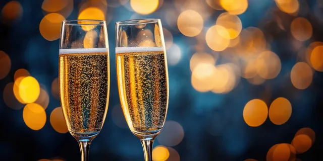 Two champagne flutes with golden sparkling bubbles clink against warm glowing bokeh lights in the background.