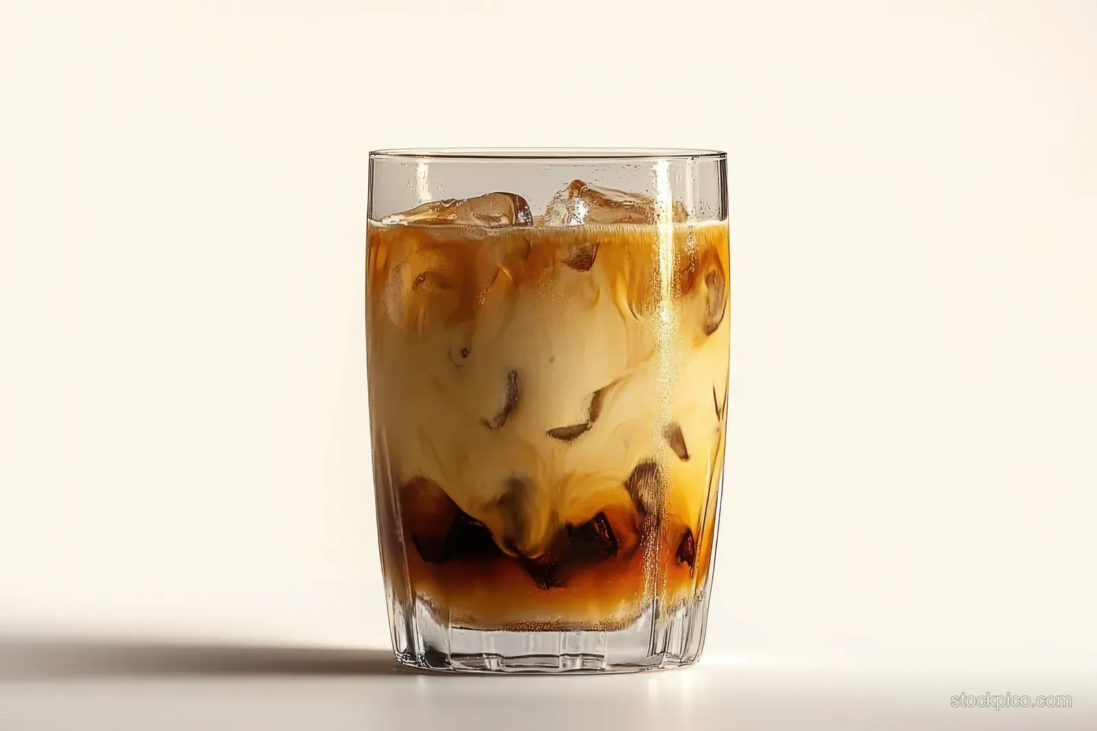 A glass of iced coffee with ice cubes and creamy swirls forms marbled layers under soft lighting.
