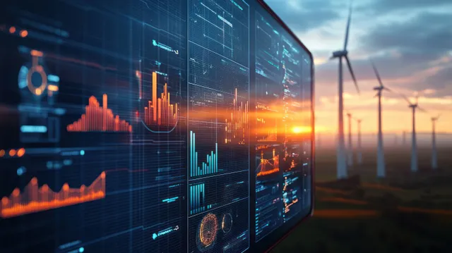 Aerogeneradores al atardecer con una superposición brillante de analíticas que muestra gráficos y tendencias de producción de energía.