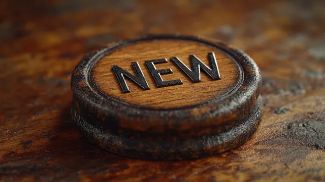 Wooden rubber stamp with the word NEW resting on a worn, textured tabletop.