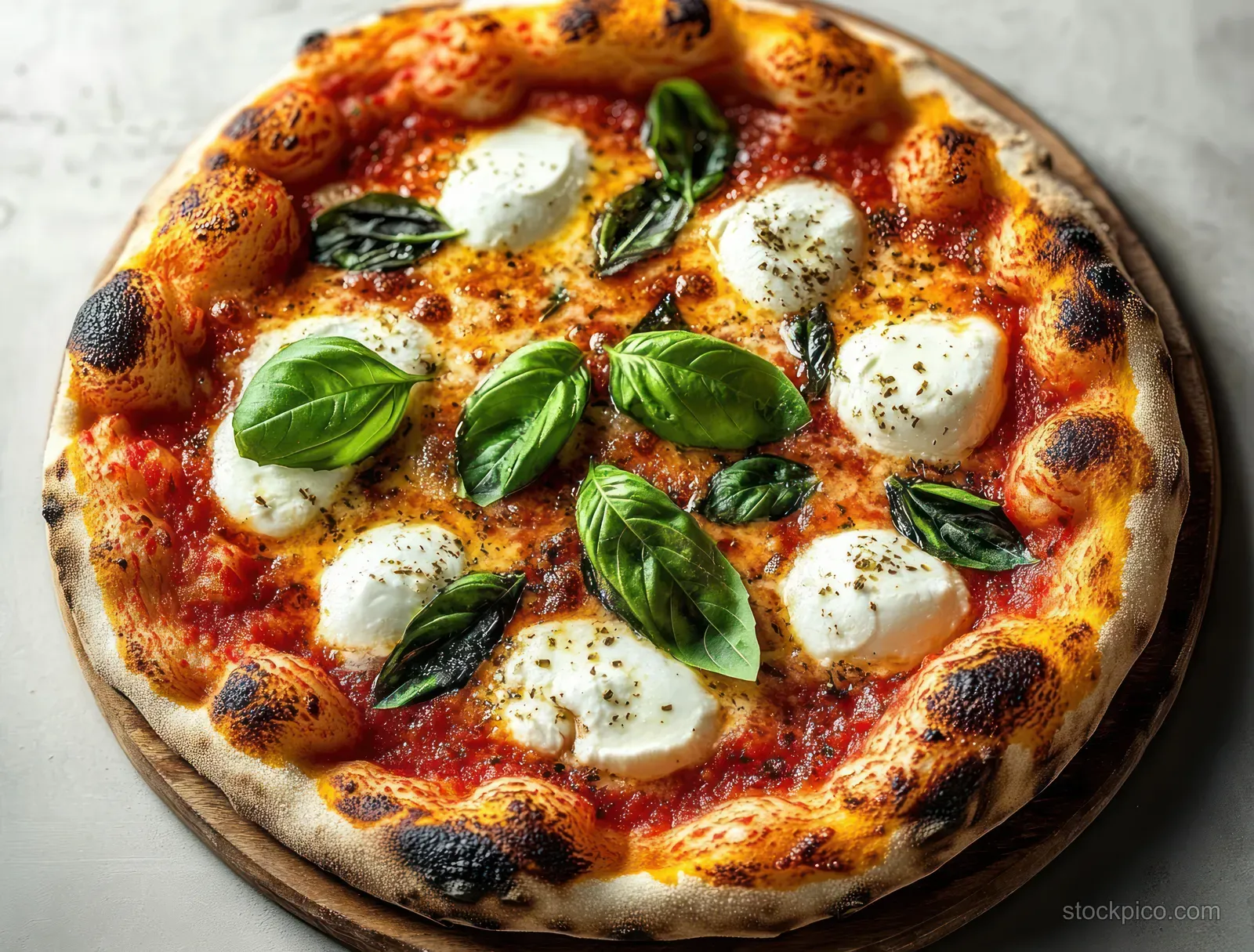 Margherita pizza close-up on a wooden board with bubbly mozzarella, tomato sauce, and fresh basil leaves.