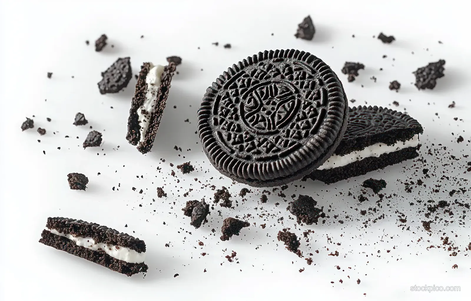 Chocolate sandwich cookie with white cream filling and scattered crumbs on a white background.