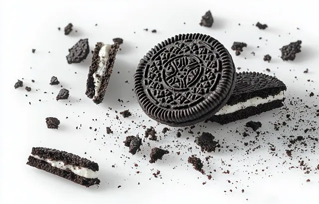 Chocolate sandwich cookie with white cream filling and scattered crumbs on a white background.