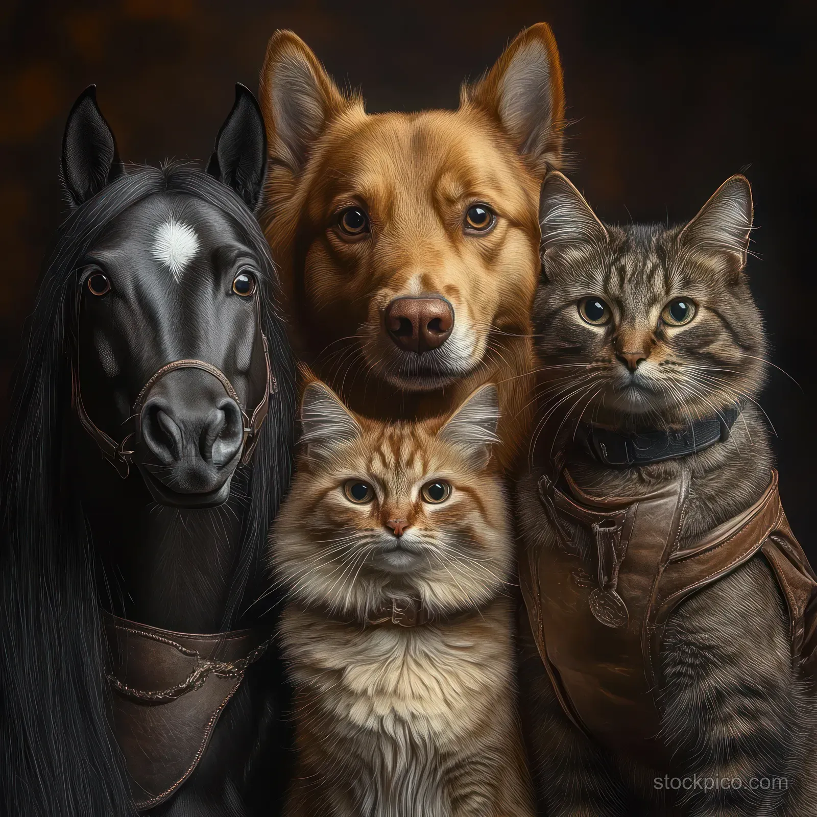 Horse, dog, and two cats stare forward in a close-up group portrait against a dark background.