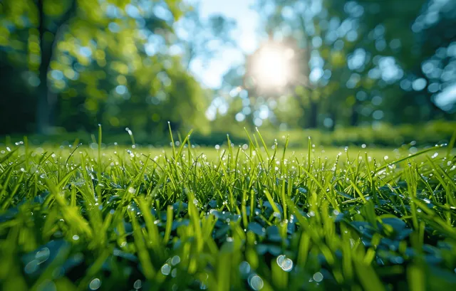 Sunlit green grass in the foreground of a summer park with blurred trees and blue sky bokeh behind.