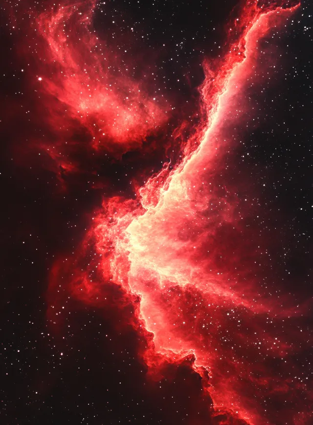 A red cosmic nebula with glowing swirling gas clouds and scattered bright stars in deep space.
