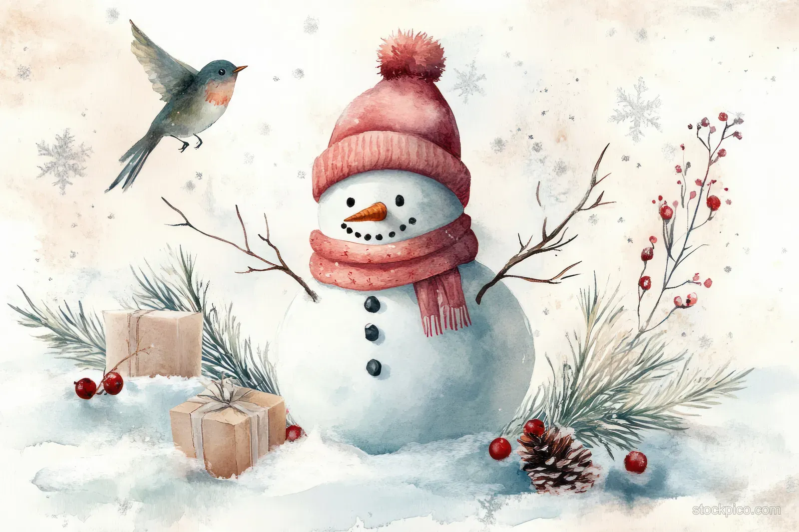Watercolor snowman wearing a knit hat stands in snowy branches while a bird flies above and gifts sit nearby.