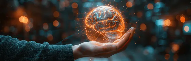 Businessman extends hands toward glowing holographic brain inside neon digital network