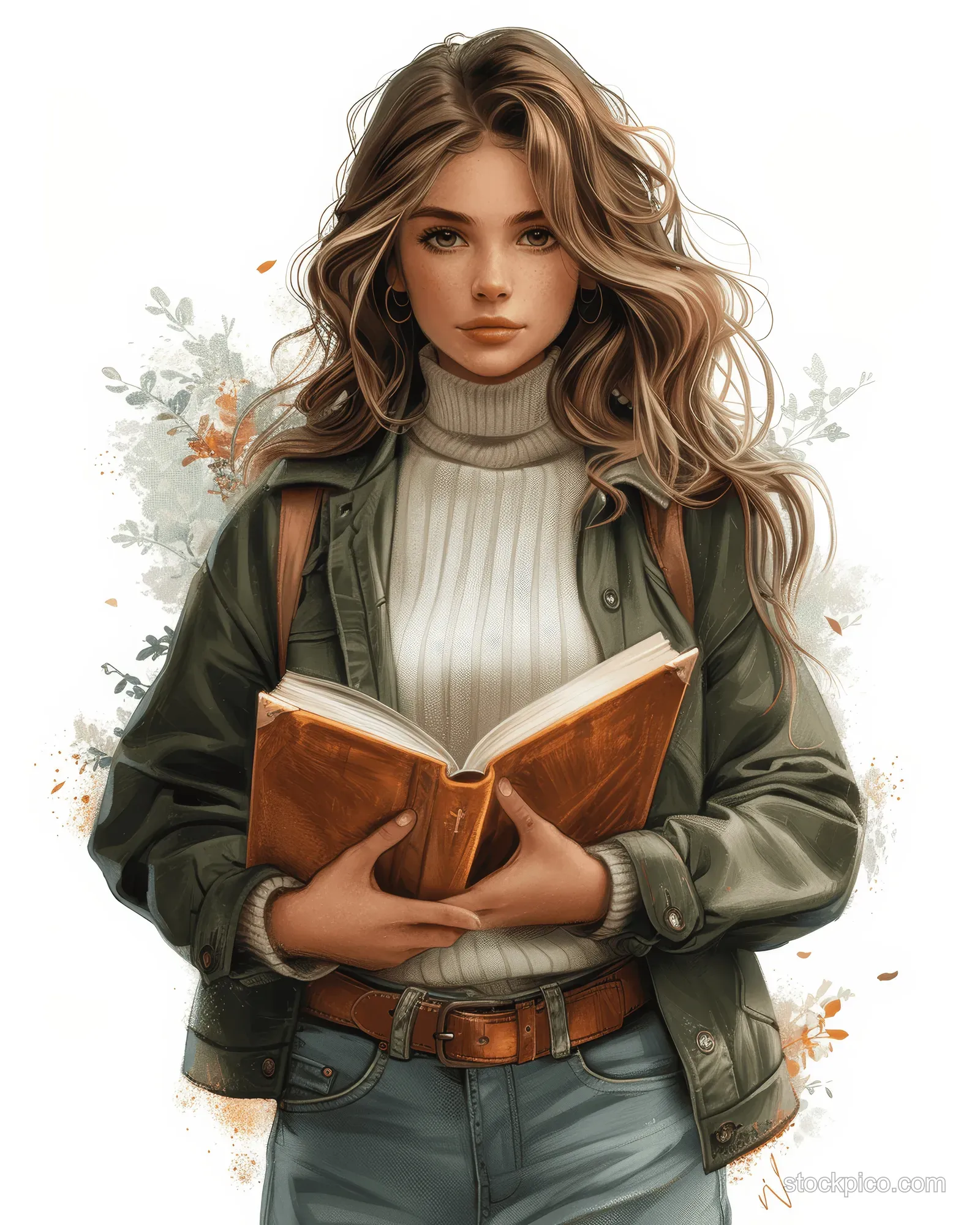 A 3D cartoon woman stands full body holding an open book against a white background.
