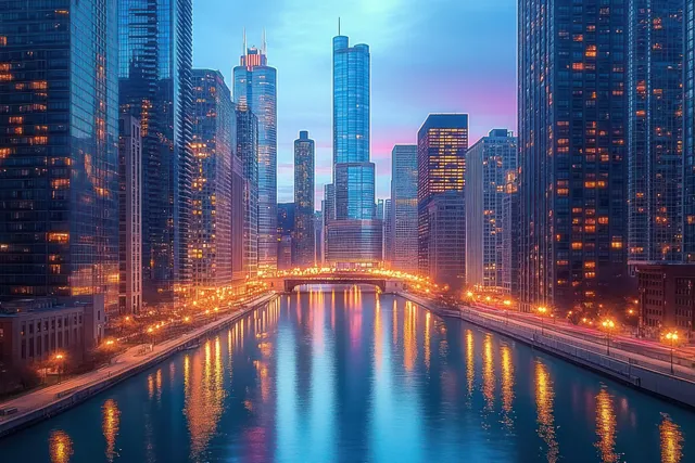Chicago skyline at blue hour over the river, illuminated towers and glowing reflections