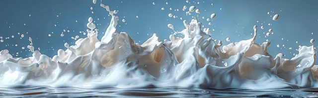 White milk splashes across a blue background with a flowing wave and droplets suspended in the air.