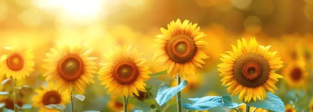 Sunflowers standing in a summer field with a blurred golden background and open space for text.