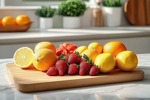 Strawberries and sliced lemons sit on a wooden cutting board on a marble counter in a bright kitchen.