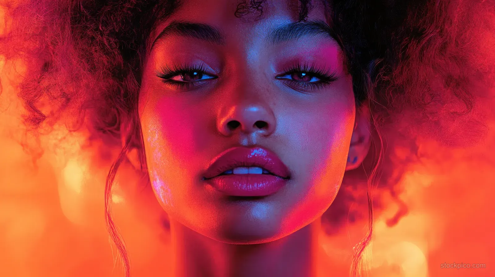 Pop art portrait of a woman with an afro hairstyle against a neon geometric orange and pink background.