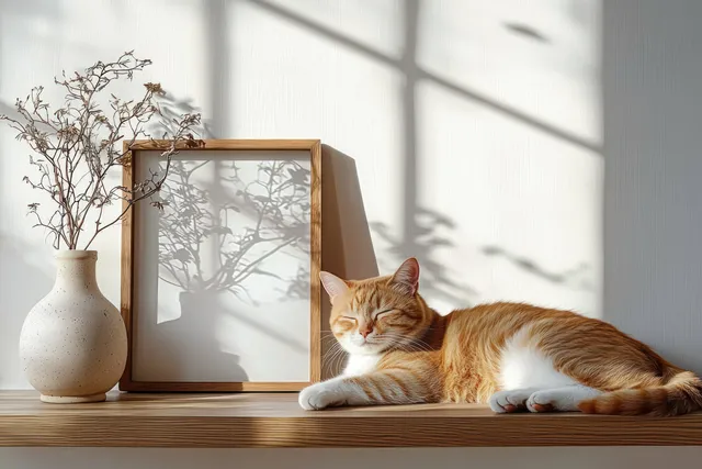 Ginger-and-white cat sleeping on a wooden shelf beside a ceramic vase and empty picture frame with sunlight shadows on a white wall.