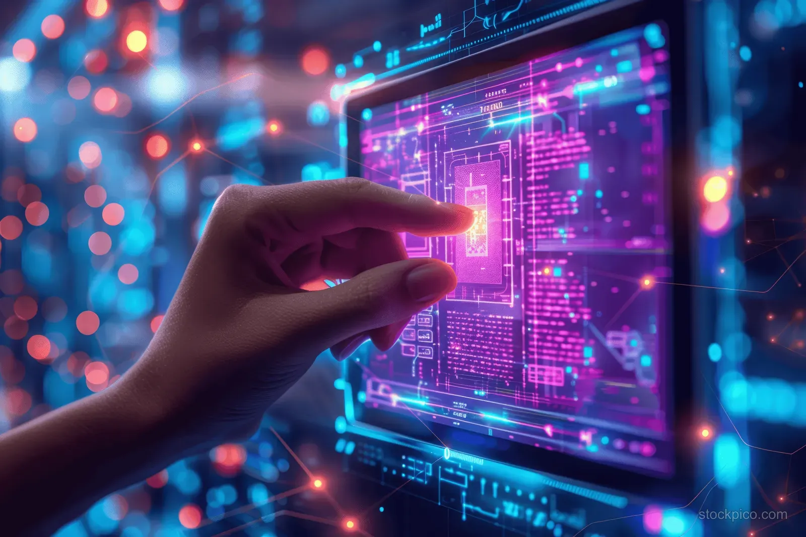 A hand points at a tablet hologram displaying verification data and interface panels amid neon network lights.