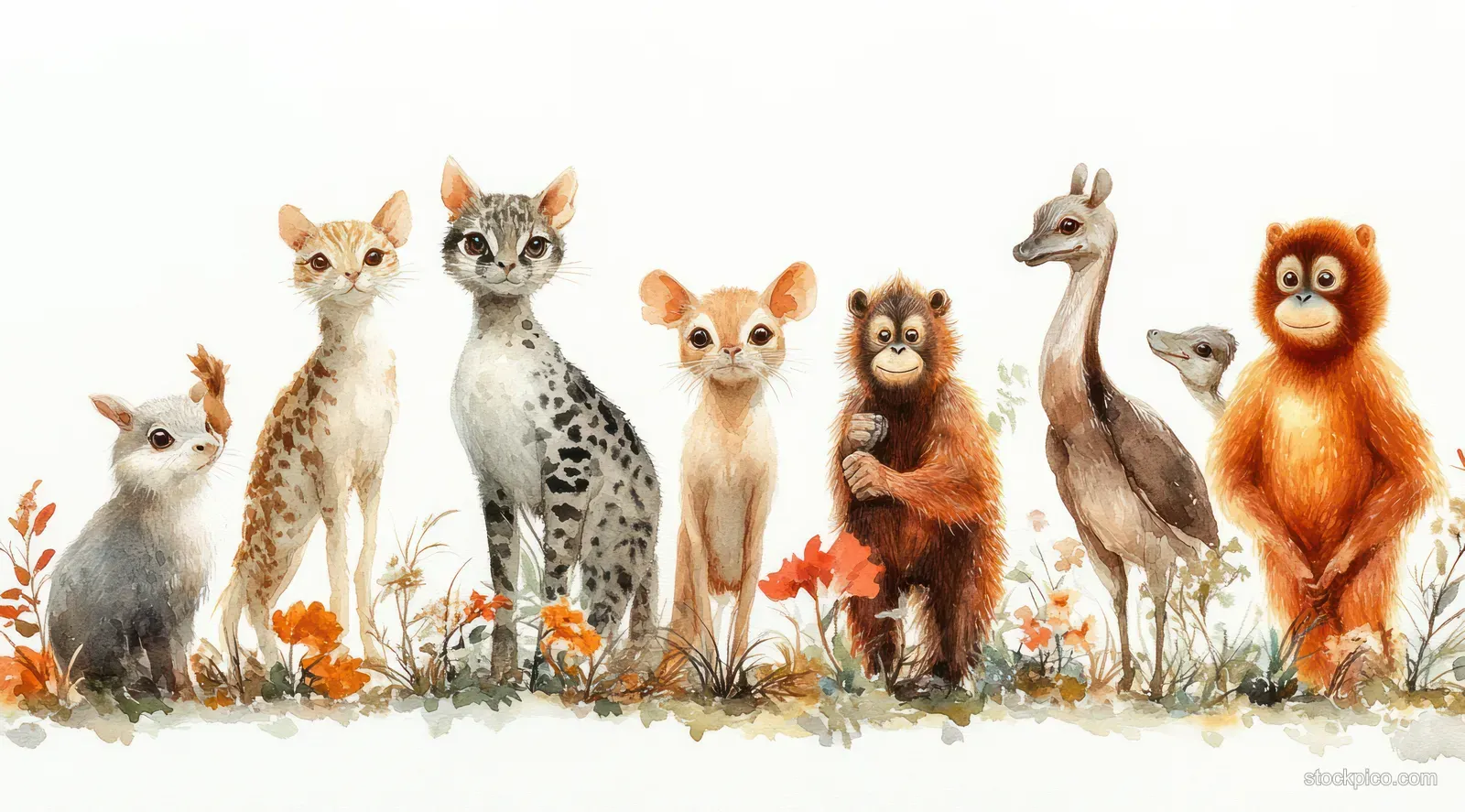 Watercolor animals from an alphabet set standing in tall grass with soft pastel colors and white background.