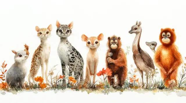 Watercolor zoo alphabet animals standing in grass, ocelot okapi otter ostrich orangutan