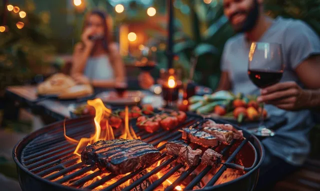 Friends seated at a patio table hold wine glasses while a BBQ grill cooks steaks in the night garden.