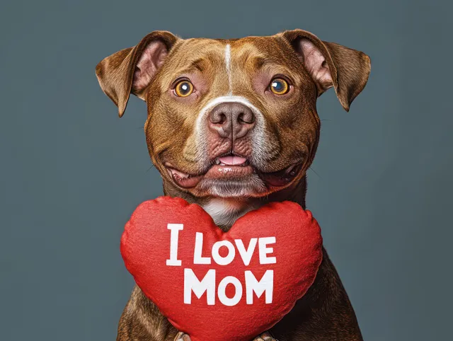 Happy brown dog cuddling a red heart pillow with “I Love Mom” text