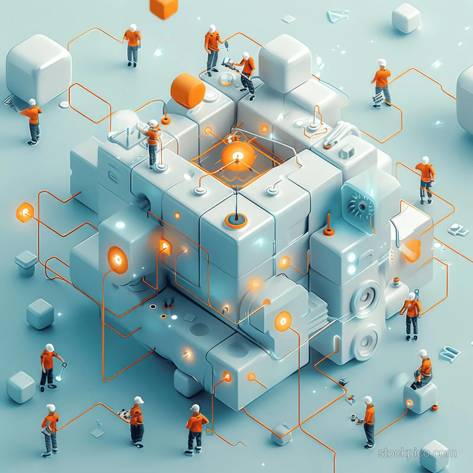 Isometric 3D scene of workers around a central cube with glowing network links and floating data nodes in blue and orange.