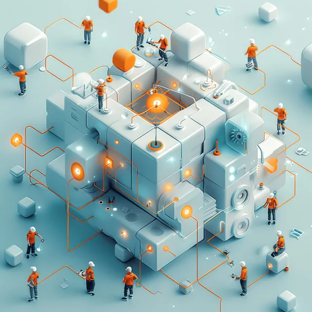 Isometric 3D scene of workers around a central cube with glowing network links and floating data nodes in blue and orange.