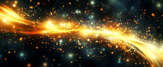 Golden light arc streaks through a star field, scattering glittering particles in motion