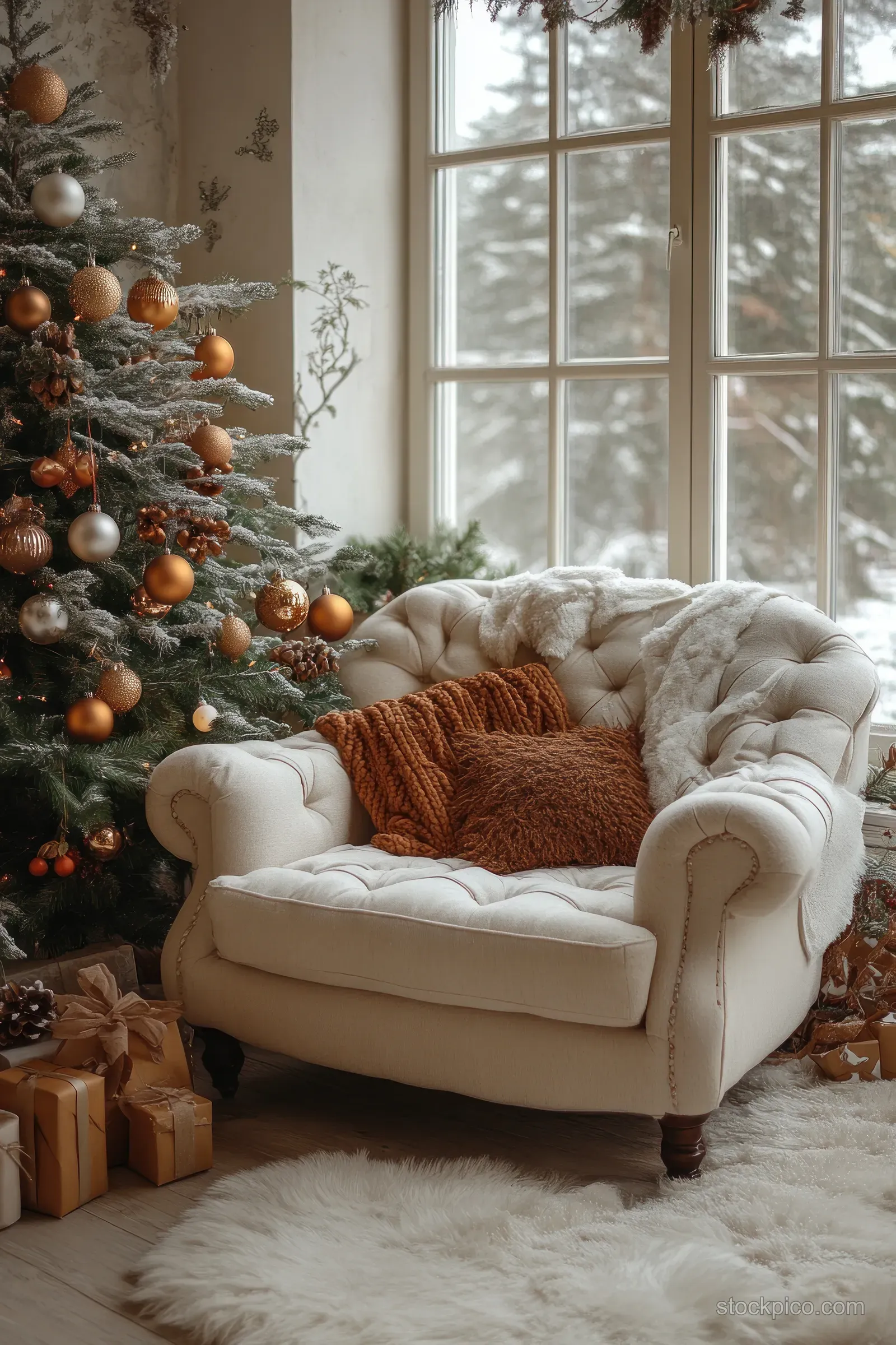 A decorated Christmas tree beside a white plush armchair in a snowy, bright winter living room.
