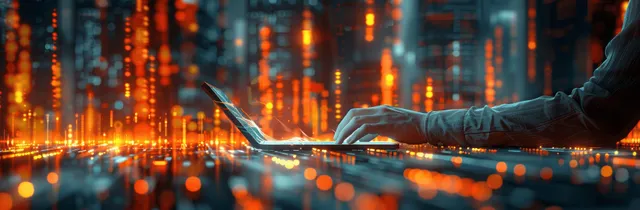Hand holding a stylus on a tablet showing glowing finance graphs and scrolling data points.