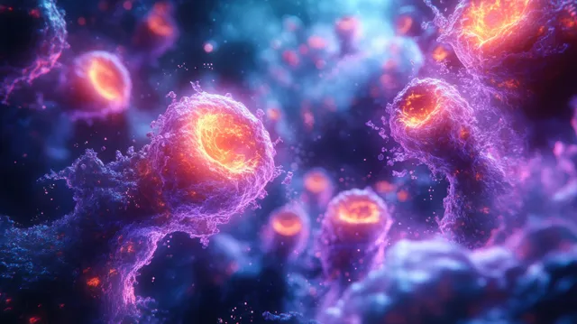 Glowing spherical virus particles float in a deep blue microscopic background.