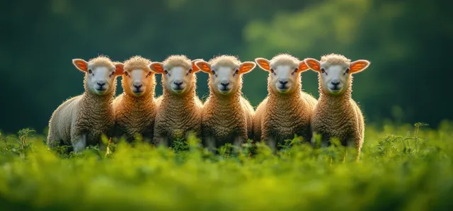Spring meadow lambs and sheep grazing in lush green field under warm sunlight