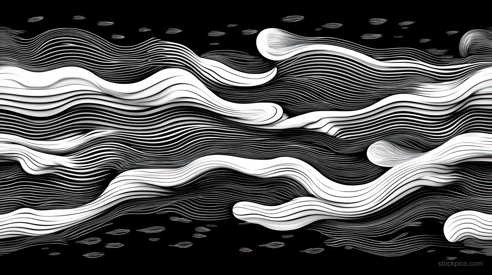 Layered black and white wavy lines ripple across a dark background like contour waves.