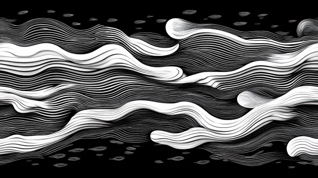 Black and white wavy contour lines undulating across a dark background with wave depth