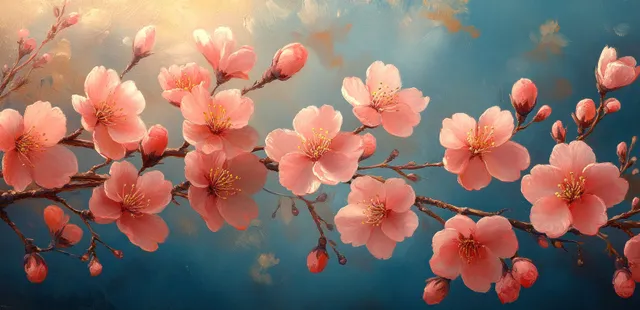 Cherry blossom branches blooming under golden spring sunlight with soft pink petals and sunbeams
