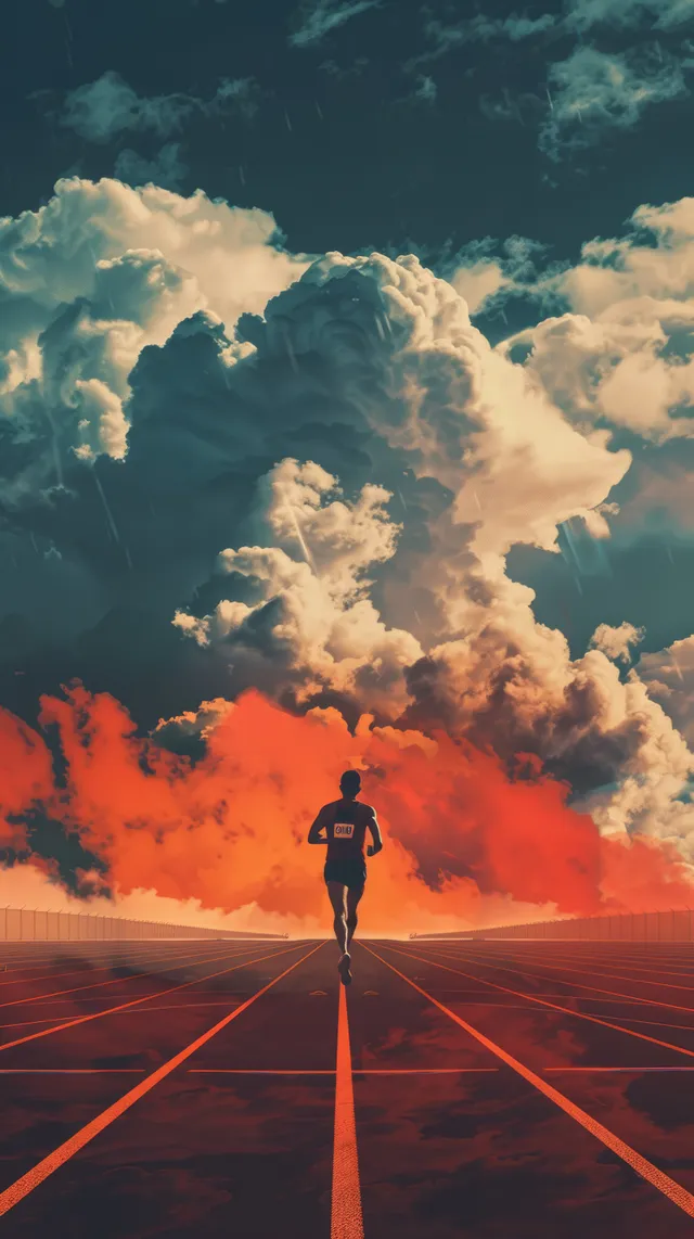 A runner on a track line under dramatic orange and blue clouds, centered in a cinematic scene.