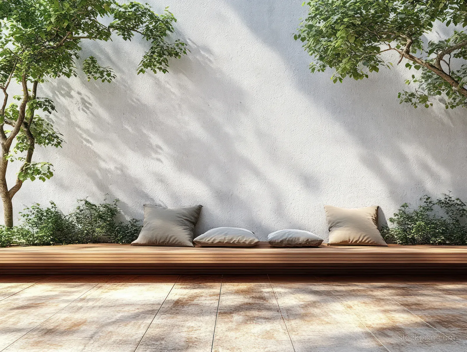 Wooden bench with layered cushions on a stone terrace under dappled tree shadows in daylight.
