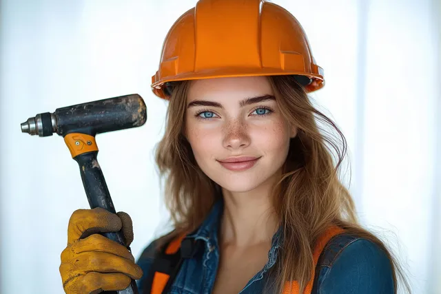 Young woman construction worker wearing an orange helmet and gloves holds a hammer on a light background.