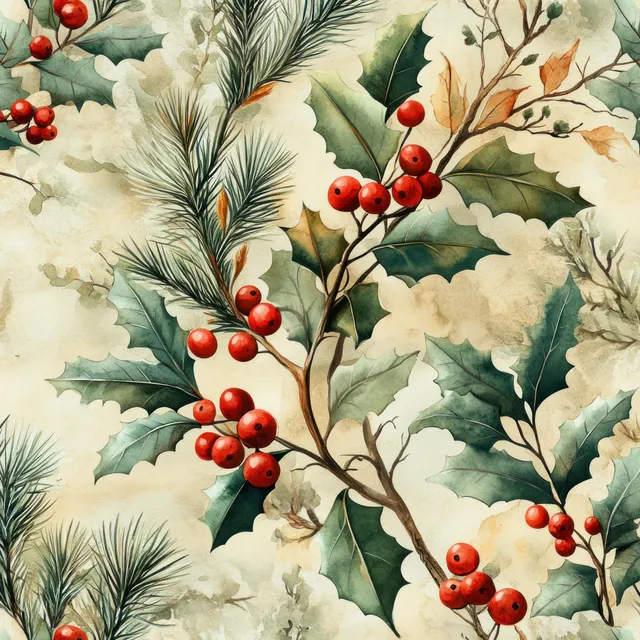Seamless watercolor Christmas pattern showing pine needles, holly leaves, and red berry clusters.