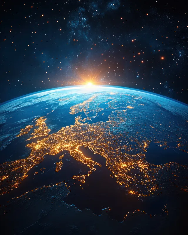 Earth night view from space showing glowing European city lights and blue atmosphere aura