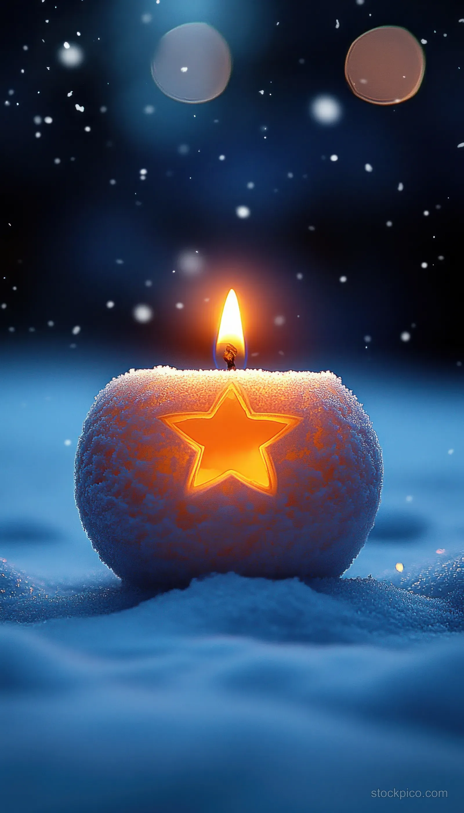 A candle glows in a snow-covered pumpkin with a star cutout as snowflakes fall at night.