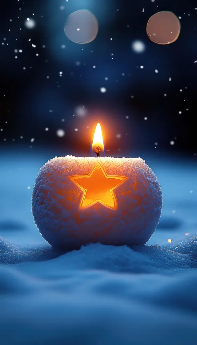 A candle glows in a snow-covered pumpkin with a star cutout as snowflakes fall at night.