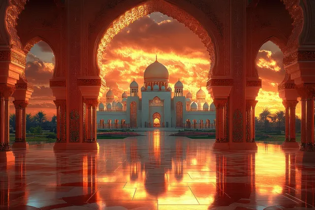 Grand Istanbul mosque illustration framed by arches, golden dome glow at sunset